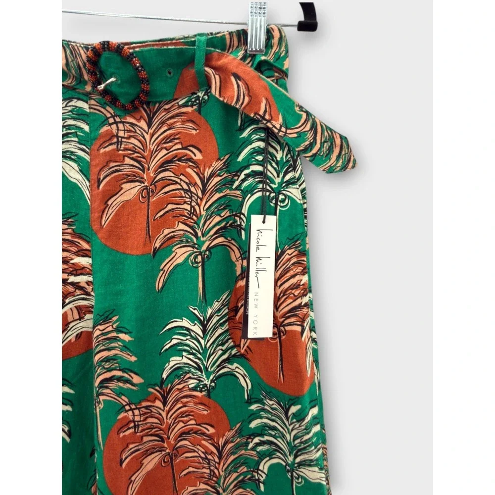 Nicole Miller Linen Pants Tropical Print Wide Leg Belted Large Resort Vacation - Picture 3 of 13